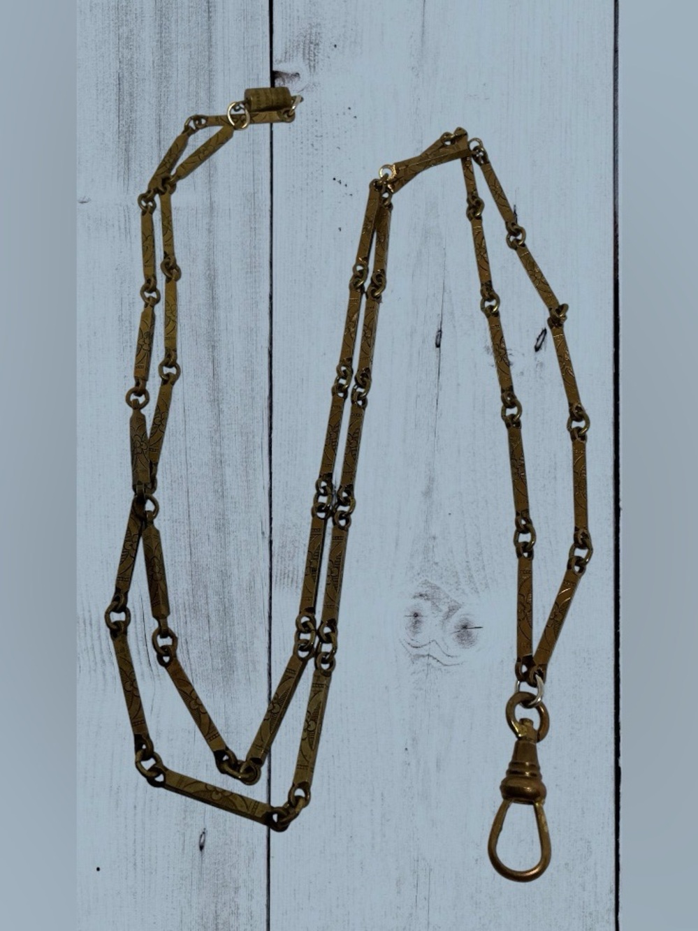 Antique Germany Fancy Link Watch Chain Guard Muff Necklace Niello Style Gilt